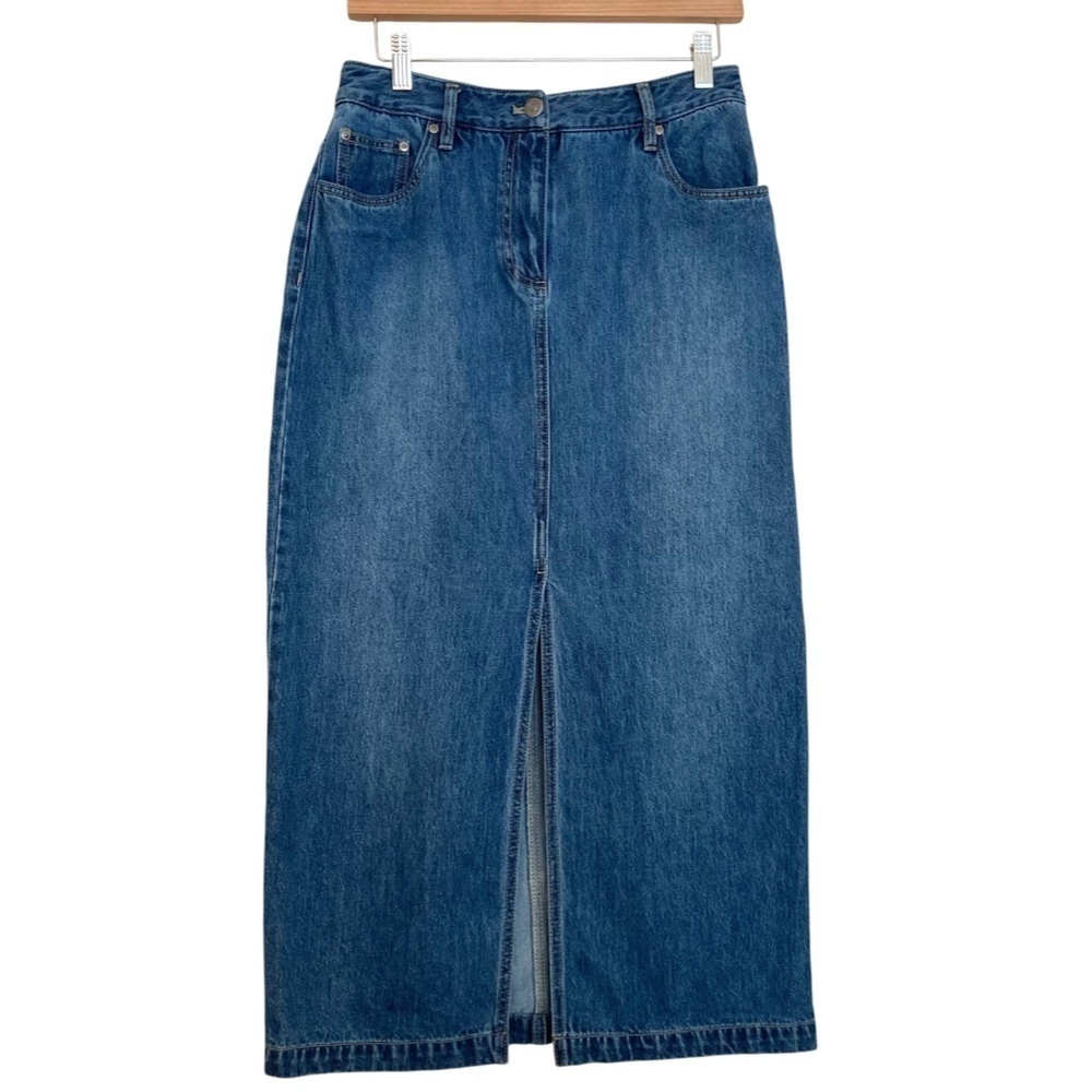 HOUSE OF HARLOW 1960 Denim Midi Pencil Skirt High Rise Split Front Blue